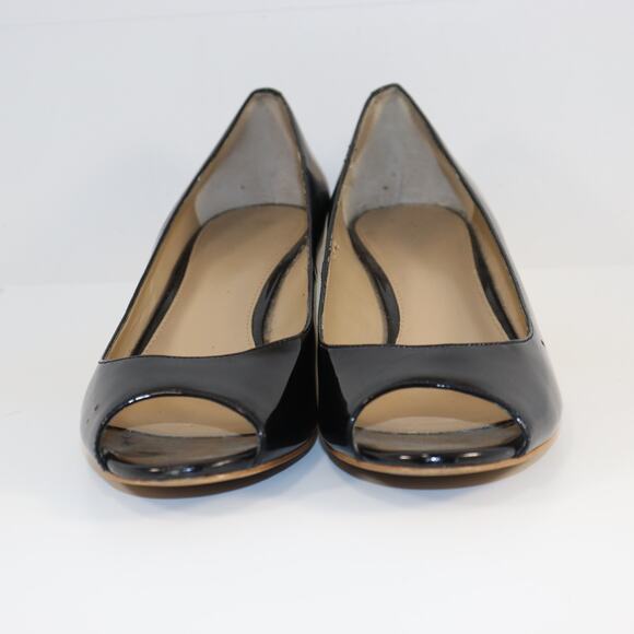 Saks Fifth Avenue Black Patent Peep Toe Heels Gold Wedge | Size 8.5M - Picture 3 of 6